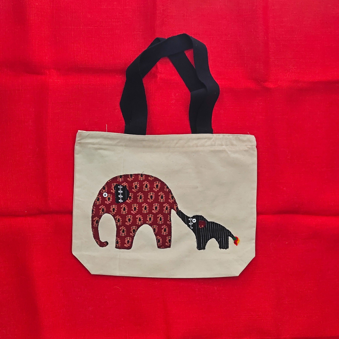 Applique Elephant Mother and baby Laptop Bag/ Cream-01