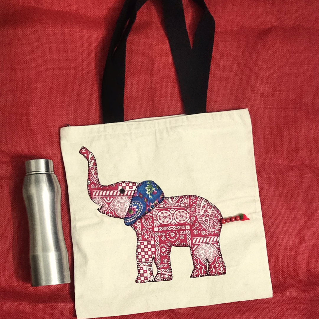 Applique Tote Bag-Elephant/Cream/D1