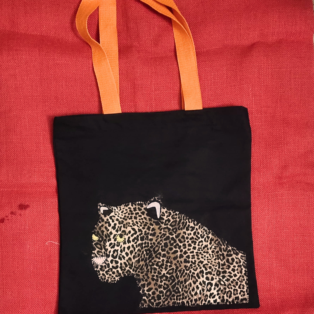 Applique Tote Bag-Leopard face/Black/D1