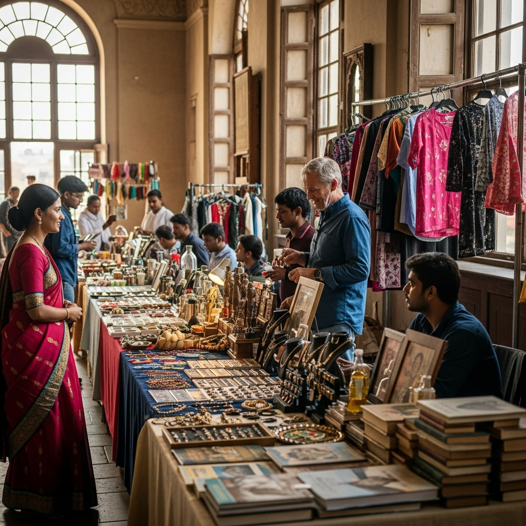 Vibrant Flea Market Scene with digital elements overlay